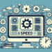 image that displays the concept of website speed by showing gear icons and clock on a computer screen. A few of the posts have “Speed” displayed prominently, but they are formatted in the same way as the rest of the content. The image should be minimalist and cartoonish in style